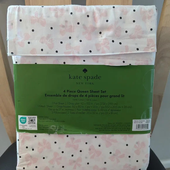 Kate Spade "Holiday Bows In Ballet Pink" Queen Sheet Set, NWT - Picture 2 of 3